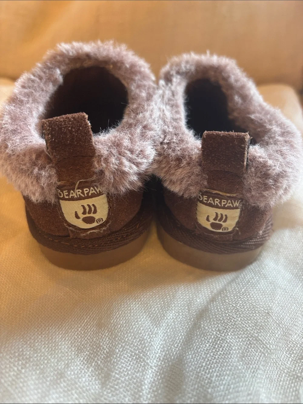 BearPaw Kids Brown Faux-Fur Cuff Slip-On Slippers